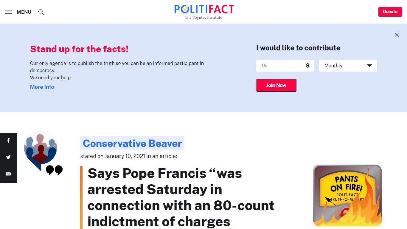 PolitiFact | No, Pope Francis has not been arrested